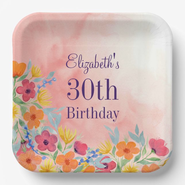 Pink Watercolor Florals 30th Birthday Paper Plate (Front)
