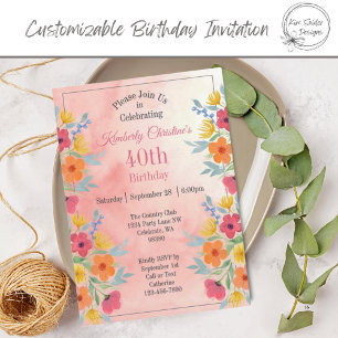 Pink Watercolor Florals 40th Birthday Invitation