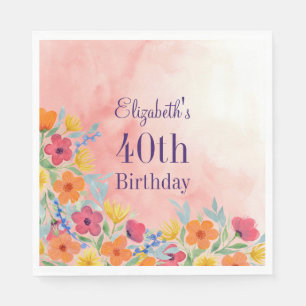 Pink Watercolor Florals 40th Birthday Napkin