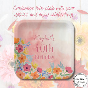 Pink Watercolor Florals 40th Birthday Paper Plate