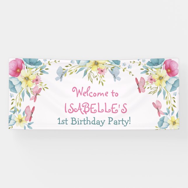 Pink  Watercolor Florals Birthday Banner (Horizontal)
