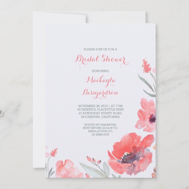 Pink Watercolor Florals Cute Bridal Shower Invitation (Front)