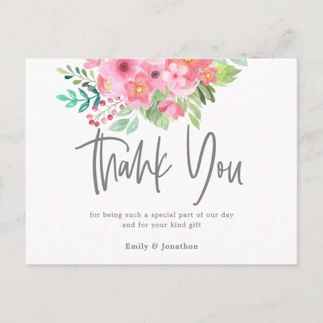 Pink Watercolor Florals Leaf Calligraphy Thank You Postcard (Front)