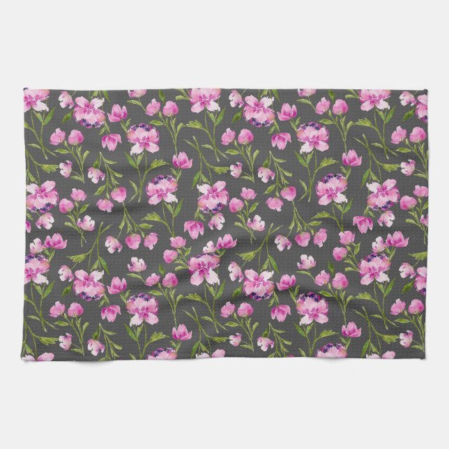 Pink Watercolor Florals on Grey Kitchen Towel (Horizontal)