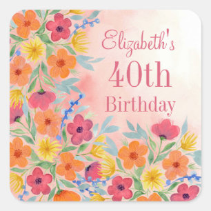 Pink Watercolor Florals Personalised Birthday Square Sticker
