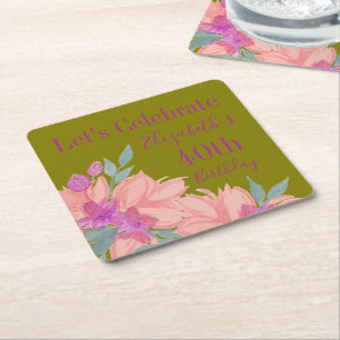 Pink Watercolor Florals Personalised Napkins Square Paper Coaster