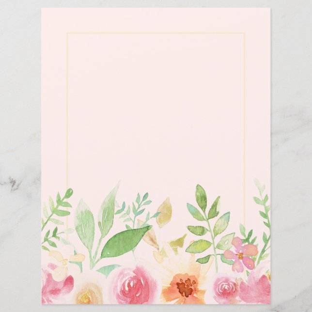 Pink Watercolor Flower Border Paper Sheet (Front)