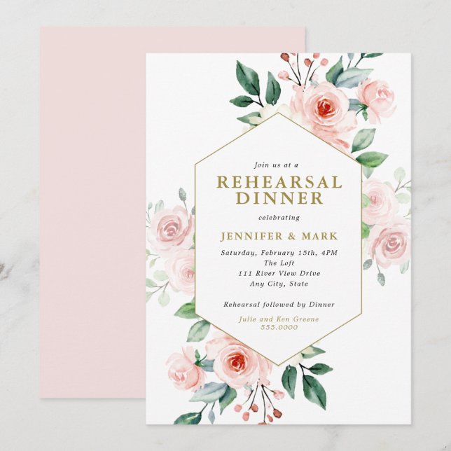 Pink Watercolor Flower Bouquet Rehearsal Dinner Invitation (Front/Back)