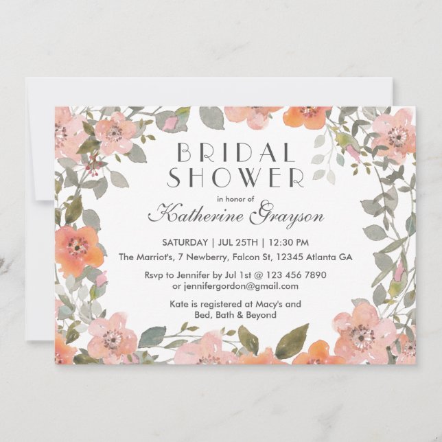 Pink Watercolor Flower Bridal Shower Invitation (Front)