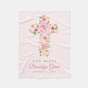 Pink Watercolor Flower Cross Baptism / Christening Fleece Blanket
