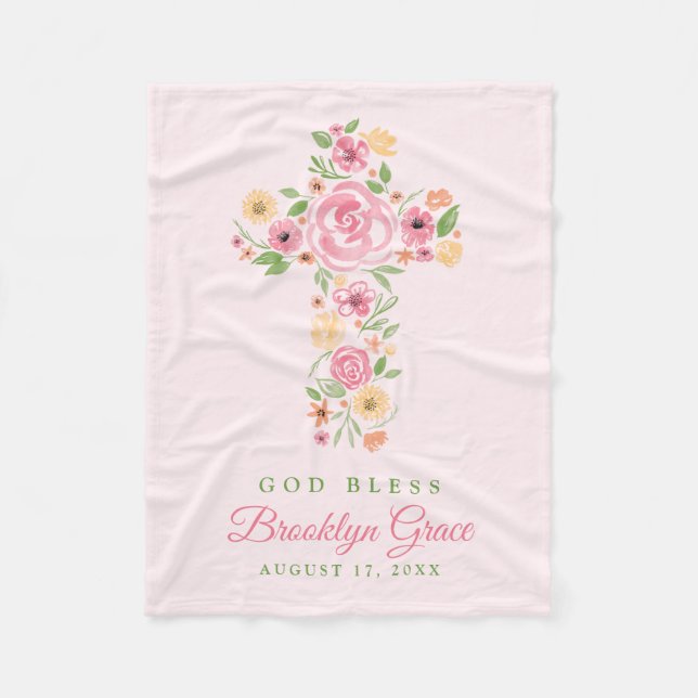 Pink Watercolor Flower Cross Baptism / Christening Fleece Blanket (Front)