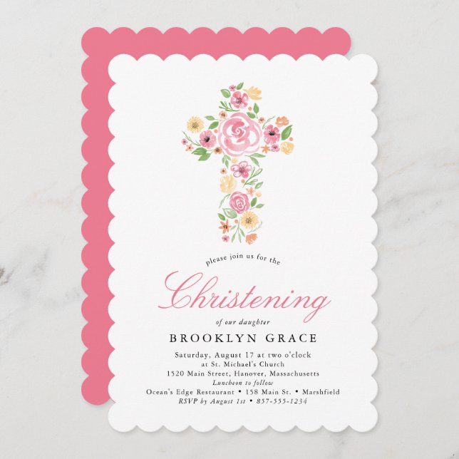 Pink Watercolor Flower Cross Baptism Invitation (Front/Back)