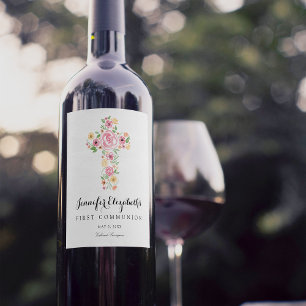 Pink Watercolor Flower Cross First Holy Communion Wine Label