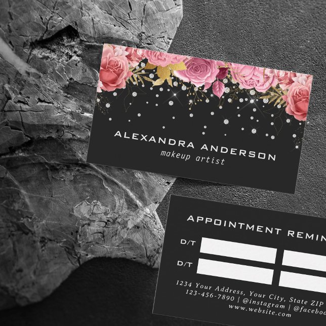 Pink Watercolor Flower Diamond Glitter Salon Black Appointment Card (Pink Watercolor Flower Diamond Glitter Salon Black Appointment Card)