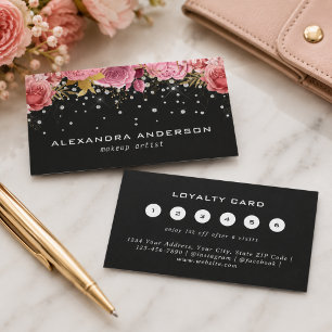 Pink Watercolor Flower Diamond Glitter Salon Black Loyalty Card