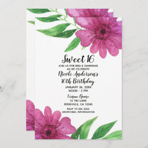 Pink Watercolor Flower Floral Pop Sweet 16 Party Invitation