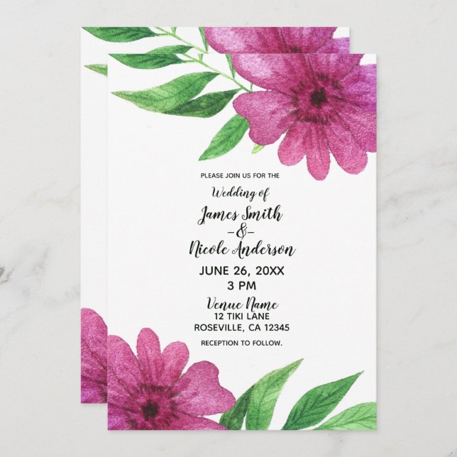 Pink Watercolor Flower Floral Spring Wedding Invitation (Front/Back)