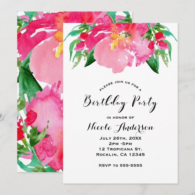 Pink Watercolor Flower Floral Summer Birthday Invitation (Front/Back)