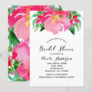 Pink Watercolor Flower Floral Summer Bridal Shower Invitation