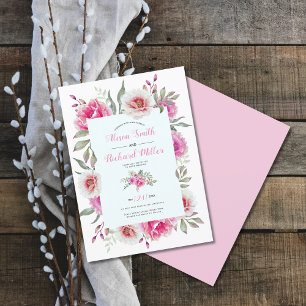 Pink watercolor flower frame floral wedding invitation