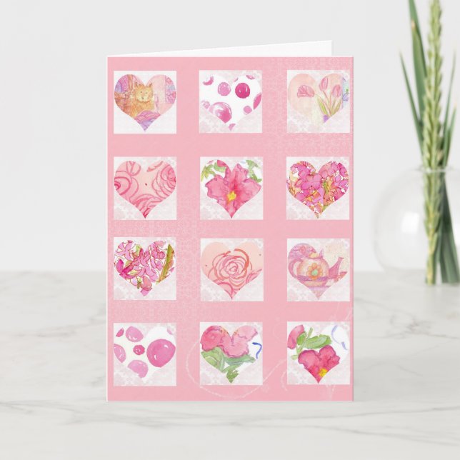 Pink Watercolor Flower Hearts Valentine's Day Holiday Card (Front)