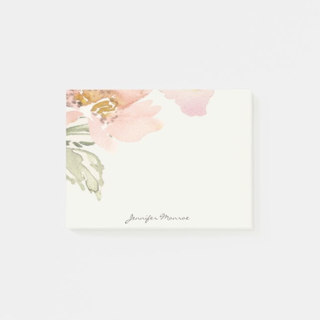 Pink watercolor flower personalised post-it notes (Front)