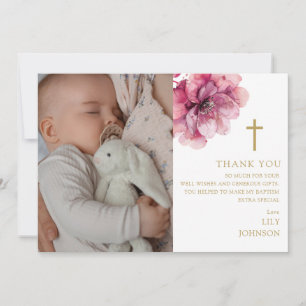 Pink Watercolor Flower Photo Baptism Christening Thank You Card