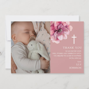 Pink Watercolor Flower Photo Baptism Christening Thank You Card