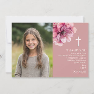 Pink Watercolor Flower Photo First Holy Communion Thank You Card