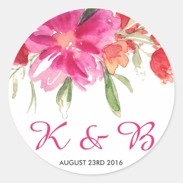 Pink Watercolor Flower Posy Monogram Sticker (Front)