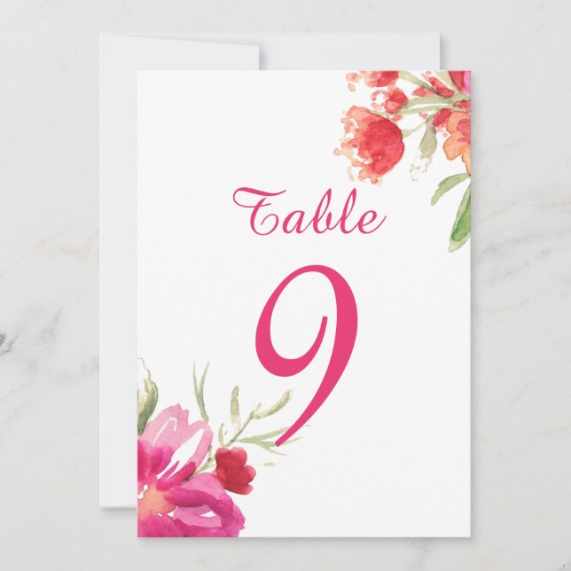 Pink Watercolor Flower Posy Table Numbers Card (Front)