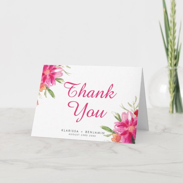 Pink Watercolor Flower Posy Thank You Card I (Front)