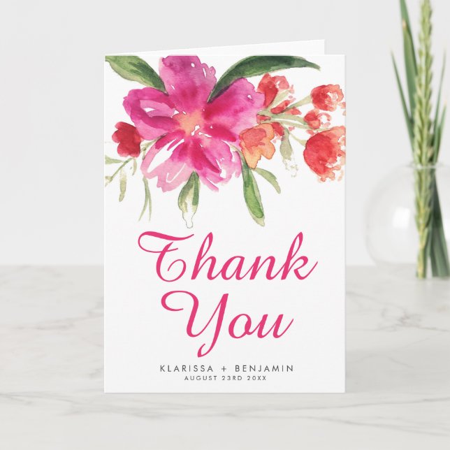 Pink Watercolor Flower Posy Thank You Card II (Front)