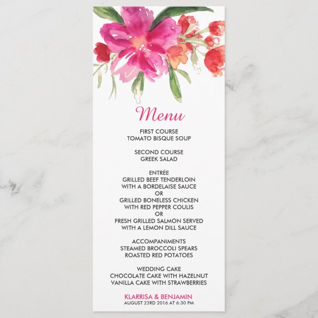 Pink Watercolor Flower Posy Wedding Menu Card (Front)