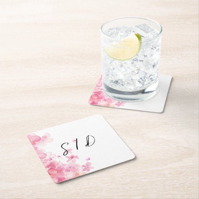 Pink watercolor flower  square paper coaster (Insitu)