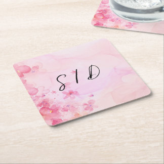 Pink watercolor flower  square paper coaster