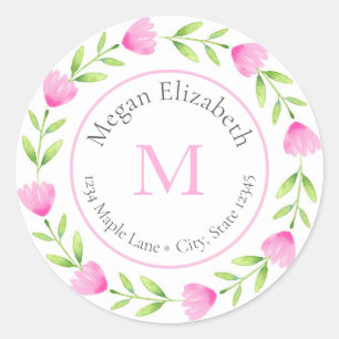 Pink Watercolor Flower Stem Wreath labels