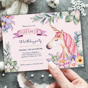 Pink Watercolor Flower Unicorn Girl Birthday  Invitation