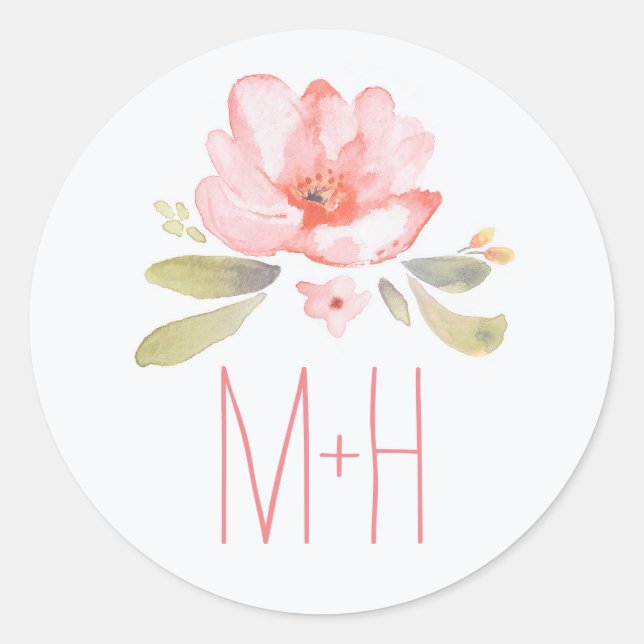 Pink Watercolor Flower Wedding Classic Round Sticker (Front)
