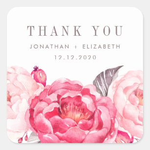 Pink Watercolor Flower Wedding Favour Thank Sticke Square Sticker