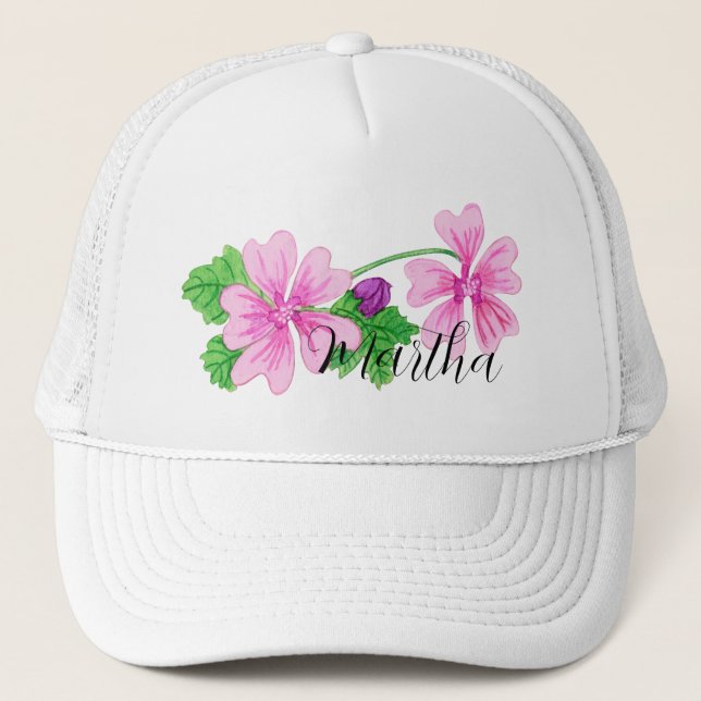 Pink Watercolor flower with name Trucker Hat (Front)