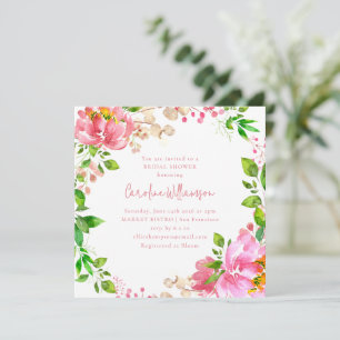 Pink Watercolor Flower Wreath Rustic Bridal Shower Invitation