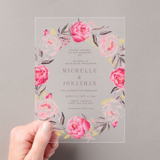 Pink Watercolor Flower Wreath Wedding Acrylic Invitations (Insitu (Handheld))