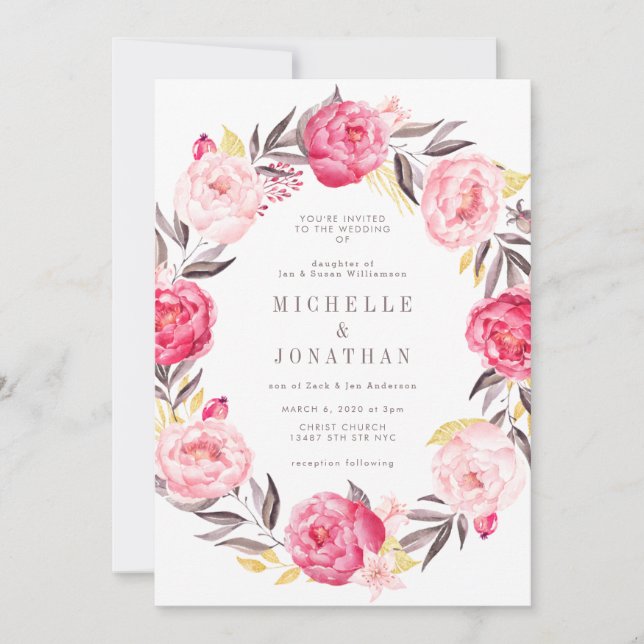 Pink Watercolor Flower Wreath Wedding Invitation (Front)