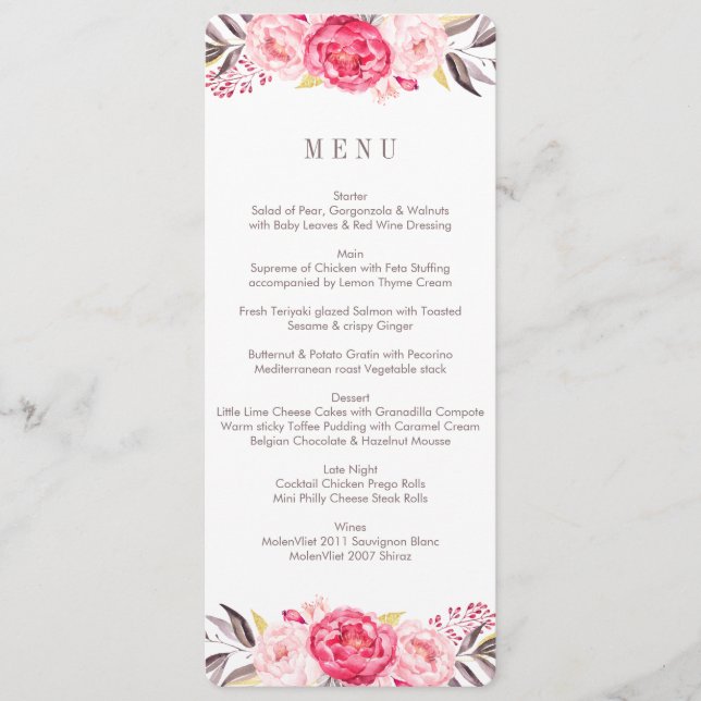 Pink Watercolor Flower Wreath Wedding Menu (Front)