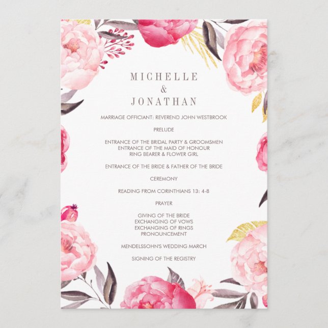 Pink Watercolor Flower Wreath Wedding Program Programme (Front)