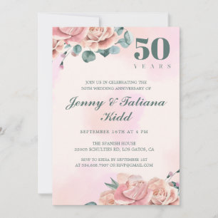 Pink Watercolor Flowers 50th wedding anniversary Invitation