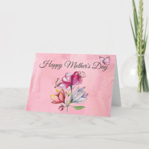 Pink Watercolor Flowers and Butterflies Card