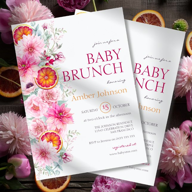 Pink Watercolor Flowers and Citrus Baby Shower Invitation (Citrus and Pink Watercolor Flowers Baby Shower Brunch, pink peonies, pink dahlias, slice of orange)