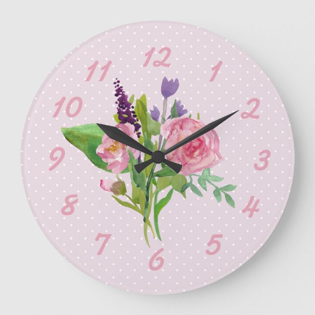 Pink Watercolor Flowers and Polka Dot Wall Clock (Front)